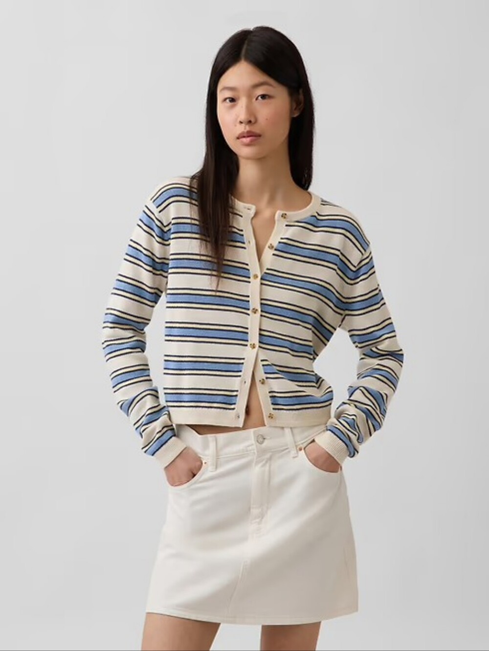 Gap 100% Cotton Sweater Cardigan Cropped Crop Blue Ivory Yellow Striped Small